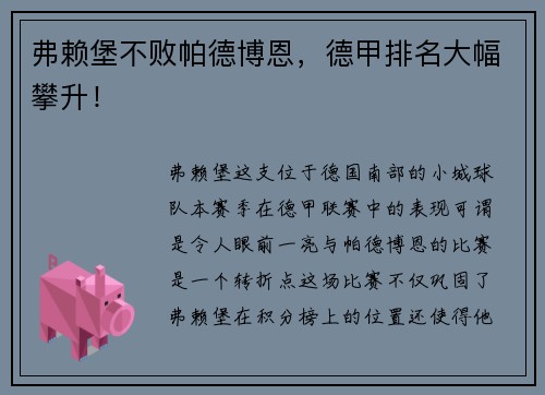弗赖堡不败帕德博恩，德甲排名大幅攀升！