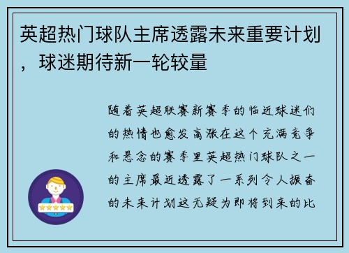 英超热门球队主席透露未来重要计划，球迷期待新一轮较量
