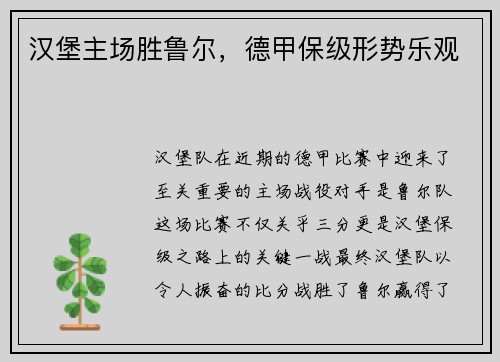 汉堡主场胜鲁尔，德甲保级形势乐观