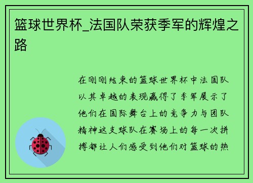 篮球世界杯_法国队荣获季军的辉煌之路