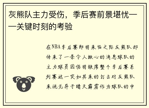 灰熊队主力受伤，季后赛前景堪忧——关键时刻的考验