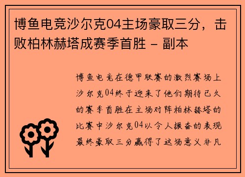 博鱼电竞沙尔克04主场豪取三分，击败柏林赫塔成赛季首胜 - 副本