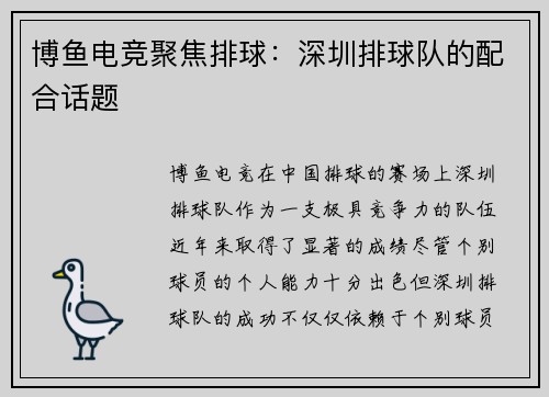 博鱼电竞聚焦排球：深圳排球队的配合话题