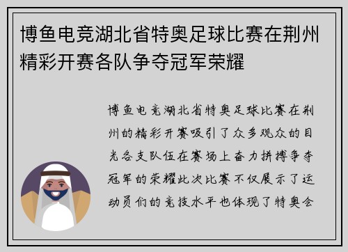 博鱼电竞湖北省特奥足球比赛在荆州精彩开赛各队争夺冠军荣耀